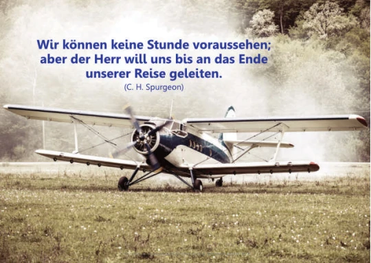 Christliche Zitate-Postkarte mit startendem Propellerflugzeug – motivierend, symbolstark, ideal als Ermutigung oder Geschenk.