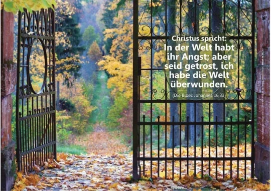 Bibelvers-Postkarte mit offenem Parktor – Symbol für Hoffnung, Neubeginn und die Einladung, Gottes Nähe zu erleben.