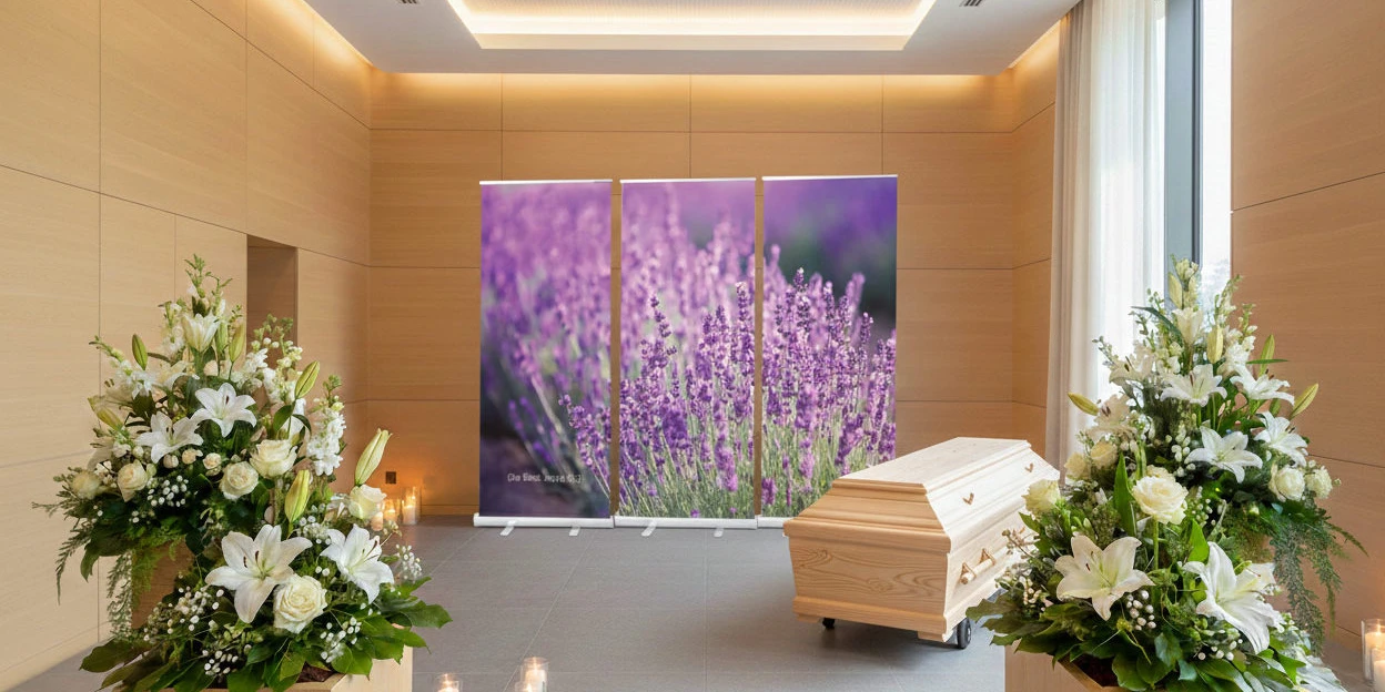 Bestatterzubeh&ouml;r Rollup als 3er Set in Trauerhalle