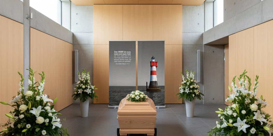 Dekoration Trauerhalle, Rollup-Display als Bestatterbedarf