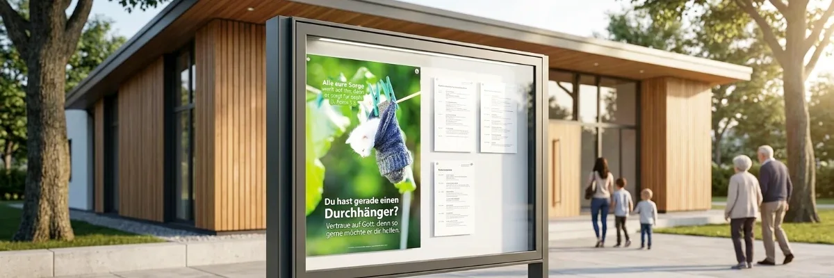 Moderner Schaukasten einer Kirche mit einem christlichen Poster im Hochformat (Motiv: K&auml;tzchen in Socke mit Bibelvers 1. Petrus 5,7) und ausgeh&auml;ngten Terminen.